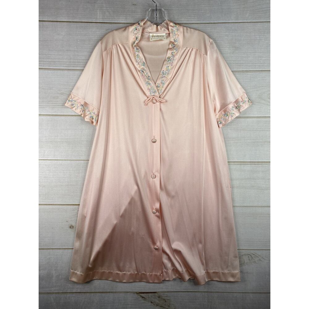 Vtg JC Penney Robes Nightgown Womens Sz M Pink Satin Embroidered Button Up
